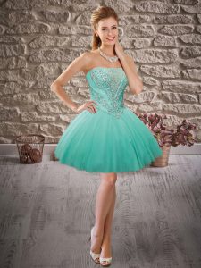 Low Price Turquoise Ball Gowns Strapless Sleeveless Tulle Mini Length Lace Up Beading Evening Dress