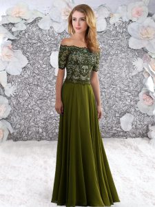 Discount Floor Length Olive Green Homecoming Dress Chiffon Short Sleeves Beading and Lace