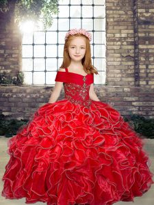 Fashion Red Little Girl Pageant Gowns Party and Military Ball and Wedding Party with Beading and Ruffles Straps Sleevele