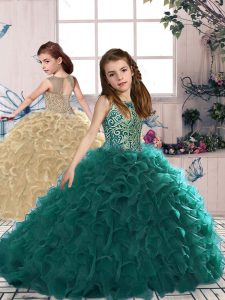 Lovely Floor Length Lace Up Child Pageant Dress Turquoise for Party and Wedding Party with Beading and Ruffles