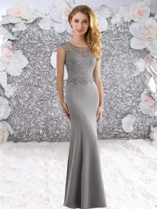 Sleeveless Elastic Woven Satin Sweep Train Zipper Prom Evening Gown in Silver with Beading