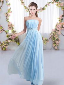 Fantastic Strapless Sleeveless Chiffon Bridesmaid Gown Beading Sweep Train Lace Up