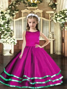 Fuchsia Tulle Lace Up Little Girls Pageant Dress Wholesale Sleeveless Floor Length Ruffled Layers