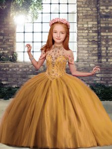 Floor Length Brown Kids Formal Wear High-neck Sleeveless Lace Up