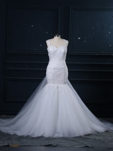 Low Price Straps Sleeveless Brush Train Side Zipper Wedding Gowns White Tulle