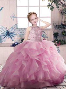 Sleeveless Organza Floor Length Zipper Pageant Dress Womens in Pink with Beading and Ruffles