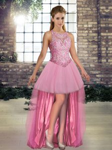 Pink A-line Beading Prom Dresses Lace Up Tulle Sleeveless High Low