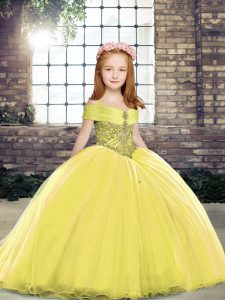 Excellent Straps Sleeveless Brush Train Lace Up Pageant Dress Womens Yellow Tulle