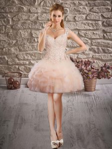 Fine Straps Sleeveless Tulle Evening Dress Beading and Lace and Ruffles Lace Up