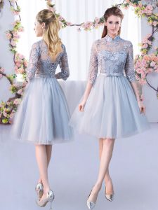Customized Grey Empire Tulle High-neck Half Sleeves Lace and Belt Knee Length Lace Up Vestidos de Damas