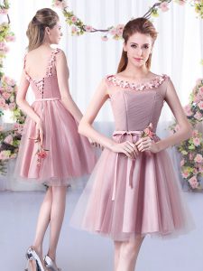 Pink Sleeveless Knee Length Appliques and Belt Lace Up Quinceanera Dama Dress
