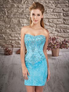 Most Popular Sleeveless Lace Mini Length Lace Up Dress for Prom in Baby Blue with Beading and Lace