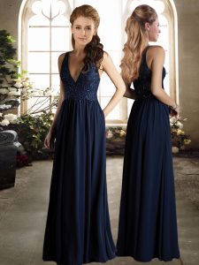 Navy Blue Chiffon Zipper V-neck Sleeveless Floor Length Damas Dress Lace