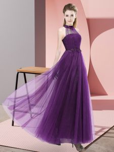 Sleeveless Floor Length Beading and Appliques Lace Up Wedding Party Dress with Dark Purple