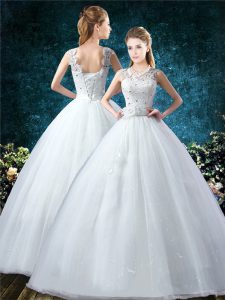 Sleeveless Lace Up Floor Length Lace and Hand Made Flower Wedding Gowns