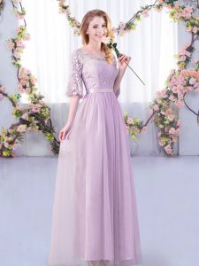 Beauteous Half Sleeves Floor Length Lace and Belt Side Zipper Wedding Guest Dresses with Lavender