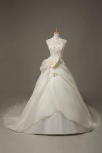 Sleeveless Court Train Beading and Lace and Hand Made Flower Zipper Bridal Gown