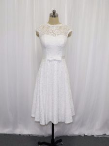 Exquisite Sleeveless Lace Tea Length Lace Up Wedding Dresses in White with Lace and Belt