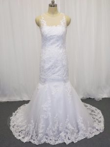 Admirable Brush Train Mermaid Wedding Gown White Scoop Tulle Sleeveless Side Zipper