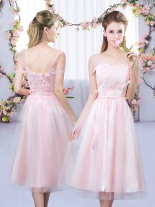 Elegant Sweetheart Short Sleeves Lace Up Wedding Party Dress Baby Pink Tulle