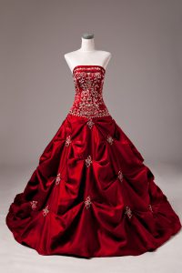Wine Red Taffeta Lace Up Wedding Dresses Sleeveless Brush Train Beading and Embroidery