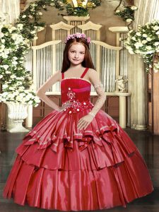 Beautiful Straps Sleeveless Lace Up Little Girls Pageant Gowns Red Taffeta