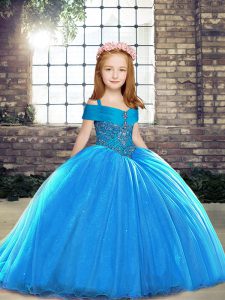 Lace Up Child Pageant Dress Baby Blue for Party and Sweet 16 and Wedding Party with Beading Brush Train