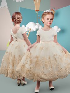 Admirable Champagne Tulle Lace Up Flower Girl Dresses for Less Short Sleeves Tea Length Lace