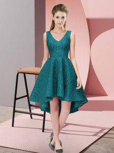 Teal Zipper V-neck Lace Bridesmaid Gown Lace Sleeveless