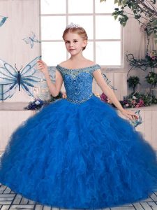 Unique Blue Child Pageant Dress Party and Sweet 16 and Wedding Party with Beading and Ruffles Off The Shoulder Sleeveles