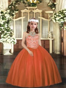 Floor Length Lace Up Kids Formal Wear Rust Red for Party and Sweet 16 and Wedding Party with Beading