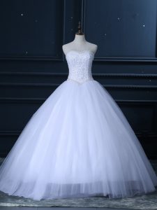 Fancy White Tulle Lace Up Sweetheart Sleeveless Floor Length Wedding Gowns Beading and Lace