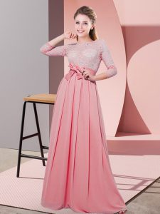 Chiffon 3 4 Length Sleeve Floor Length Bridesmaid Dress and Lace and Belt