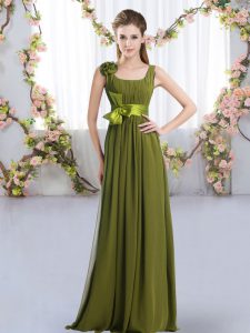 Fantastic Olive Green Wedding Party Dress Wedding Party with Belt and Hand Made Flower Straps Sleeveless Zipper