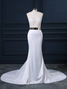 White Wedding Gown Elastic Woven Satin Brush Train Sleeveless Appliques and Sashes ribbons