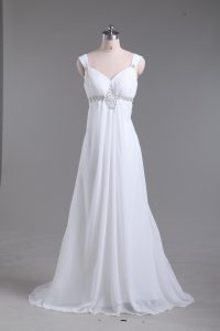 Chiffon Straps Sleeveless Sweep Train Lace Up Beading Wedding Gowns in White