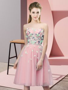 Decent Pink Empire Sweetheart Sleeveless Tulle Knee Length Lace Up Appliques Bridesmaid Dress