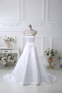 Strapless Sleeveless Brush Train Lace Up Wedding Gown White Satin