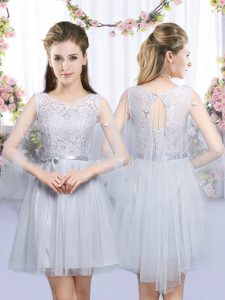 Exquisite Scoop Sleeveless Lace Up Bridesmaid Gown Grey Tulle