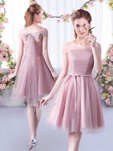 Knee Length Pink Bridesmaids Dress Tulle Sleeveless Belt