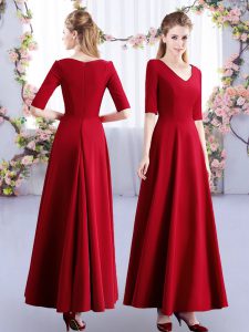 Sweet Wine Red Zipper Bridesmaid Gown Ruching Half Sleeves Ankle Length