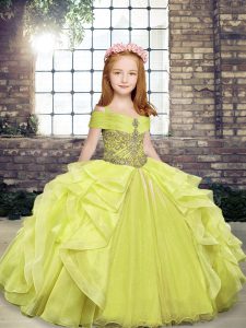 Cheap Yellow Green Organza Lace Up Straps Sleeveless Floor Length Kids Pageant Dress Beading and Ruffles