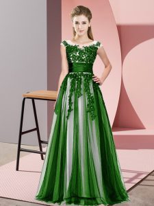 Customized Sleeveless Tulle Floor Length Zipper Bridesmaids Dress in Green with Beading and Lace