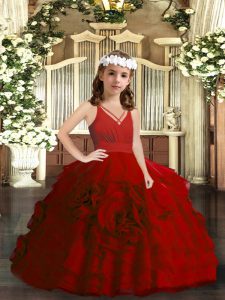 Red Ball Gowns V-neck Sleeveless Organza Floor Length Zipper Ruffled Layers Child Pageant Dress