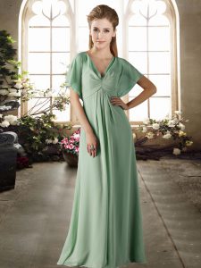 Deluxe Apple Green Bridesmaid Dress Wedding Party with Ruching V-neck Short Sleeves Zipper