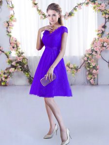 V-neck Cap Sleeves Bridesmaids Dress Mini Length Lace Purple Lace