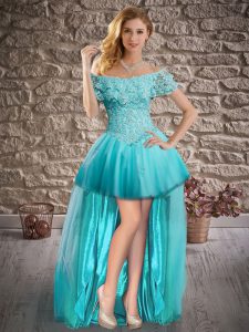 Aqua Blue Homecoming Dress Prom and Party with Lace Off The Shoulder Short Sleeves Lace Up