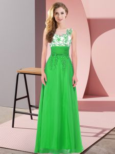 Green Empire Scoop Sleeveless Chiffon Floor Length Backless Appliques Quinceanera Court Dresses