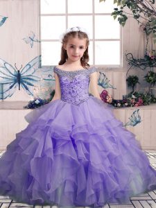 Adorable Off The Shoulder Sleeveless Organza Pageant Dress Beading and Ruffles Lace Up