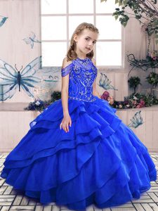 Royal Blue Sleeveless Floor Length Beading Lace Up Girls Pageant Dresses